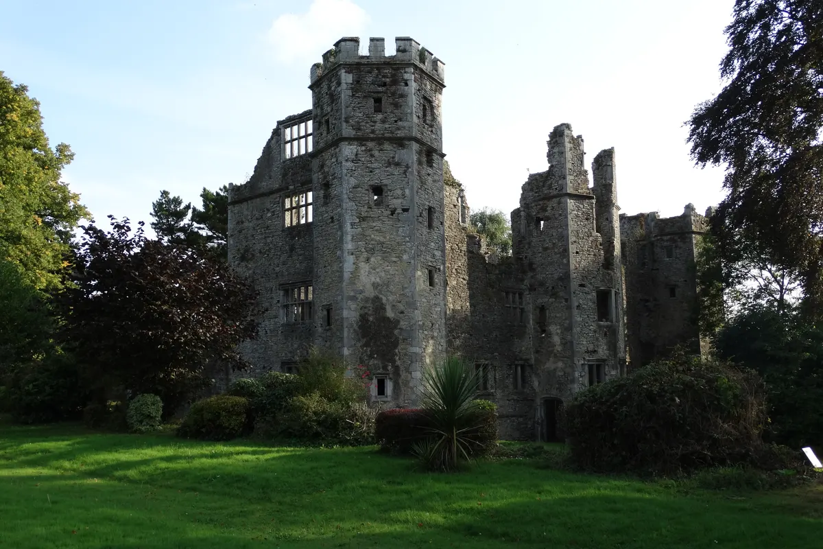 The ruined towers of Mallow Castle in Mallow, Co. Cork, behind a sunlit lawn and trees